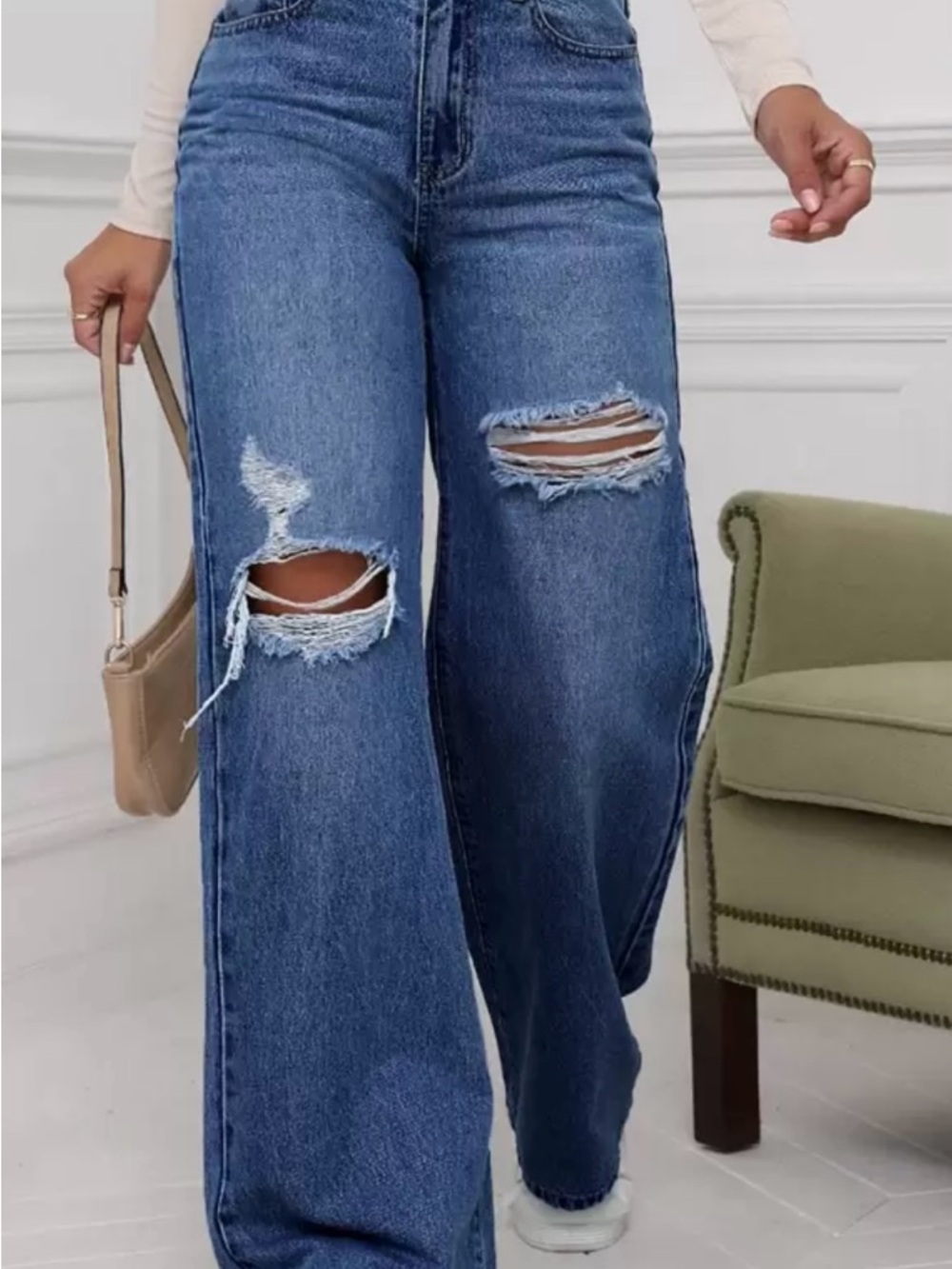 Wide Leg Distressed Blue Jeans - Women's